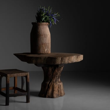 Primitive Oak Tree Table / Wooden Vessel / Leather Top Primitive Stool