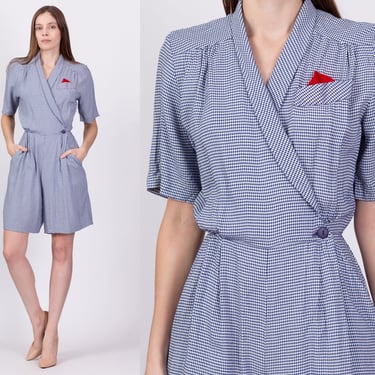 80s Blue Gingham Pocket Square Romper - Small to Medium | Vintage Short Sleeve Mini Wrap Jumpsuit 