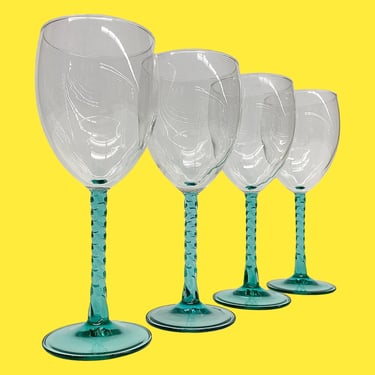 Vintage Cristal D'Arques-Durand Wine Glasses Retro 1980s Contemporary + Angelique Aqua + Glass + Twisted Stems + Set of 4 + Modern Barware 