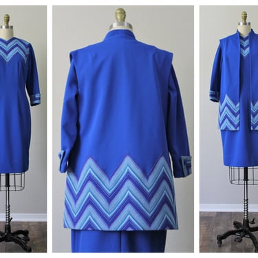 Vintage 1960s CLARALURA Original Blue Zig Zag Mod abstract chevron knit wiggle Dress set / modern small  US 6 8 s m 