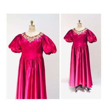 80s Prom Dress Pink Plum Sequin Dress Gown Large XL Plus Size// Vintage 80s Pageant Princess Gown Dress Mike Benet Metallic Party Dress XL 