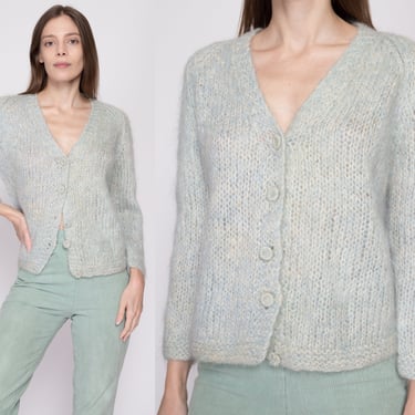 Medium 60s Pastel Blue Mohair Knit Cardigan | Vintage Button Up V Neck Sweater 