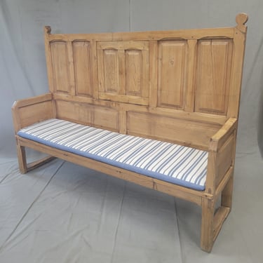 Antique Rustic Pine Long Settle Bench With Blue and White Cushion