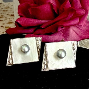 Sterling Silver Cufflinks, Abalone, Grey Pearl, Art Deco Design, Vintage Cuff Links, 60s 70s 