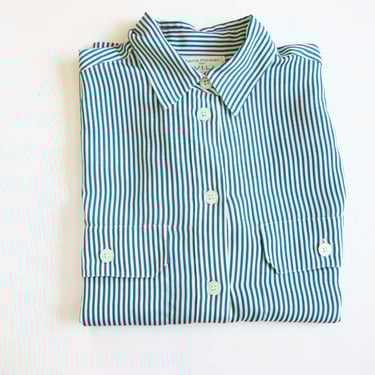 Vintage 90s Striped Long Sleeve Silk Shirt M L  - 1990s Blue White Button Up - Patch Pocket Baggy Oversized 90s Oxford Blouse - Preppy 
