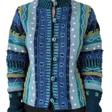 Orvis Womens Blue Green 100% Wool Chunky Hand Knit Cardigan Made in Nepal Sz M 