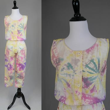80s Tie Dye Jumpsuit - Cotton Capri Cropped Sleeveless Summer Outfit - White Purple Yellow Pink Green - Style Smile - Vintage 1980s - M 
