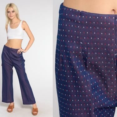 70s Polka Dot Pants Navy Blue Bell Bottom Trousers Retro Mod Bellbottoms High Waisted Flared Pants Hippie Flares Vintage 1970s Medium Large 