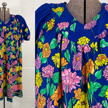 Vintage Hawaiian Muumuu Dress Tiki Floral Trapeze Blue Pink Flutter Sleeves Hawaii Luau Short Sleeve Plus Volup 2XL 2X XL XXL 1980s 