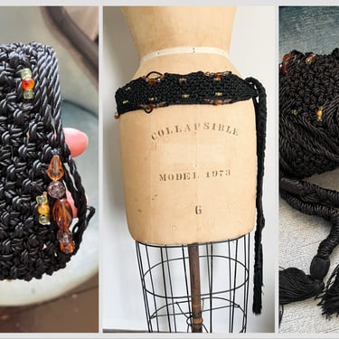 Gorgeous woven hip sling belt, black rayon with amber beads and tassels, vintage boho belt, OSFM 