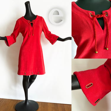 Rockabilly Red Nautical Dress • Stretch French Terry Cloth w Brass Eyelet Grommet & Rope Trim • Hippie Boho Bell Sleeves • Swimsuit Cover Up 