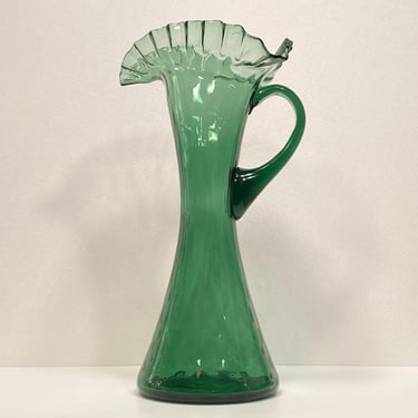 Hand Blown Green Glass Ruffled Pitcher Vase 