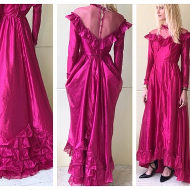 1980s Party Dress with Train / Metallic Magenta Party Dress / Sweetheart Lace Lamé Neckline / Disco Era / Shiny Prom Dress / Wedding Dress 