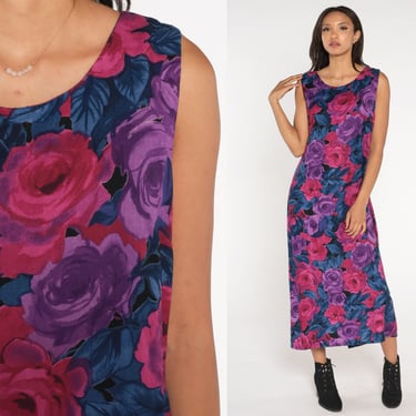 Rose Print Dress Y2k Floral Sundress Ankle Length Maxi Dress Boho Shift Tank Sleeveless Summer Day Pink Purple Blue Vintage 00s Medium M 