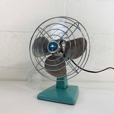Vintage Eskimo Teal Fan Blue Edison McGraw Turquoise Desk Table Movable Base Working Electronic Appliance Atomic 1950s 