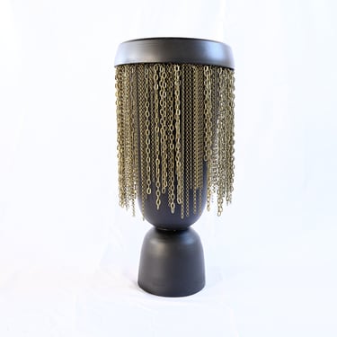 Tall Cylinder Brass Chain Fringe on Black Ceramic Vase, modern Vase, Brass chains fringe, bowl, ceramic 
