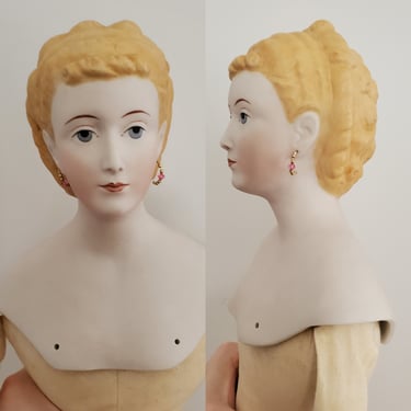 Large Bisque/Parian Doll with Ornate Blonde Hairstyle and Pierced Ears - Collectible Dolls 24" tall 
