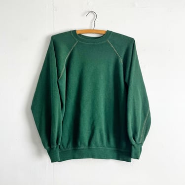 Vintage 60s 70s Sportswear Blank Green Raglan Sleeve Overlock Sweatshirt Size L 