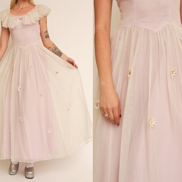 Vintage 1930s 30s Antique Chiffon & Lavender Ruffle Bow Gown w/ Appliquéd Velvet Daisies 