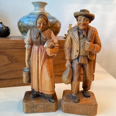 Vintage Hand Carved Wooden Man Woman Couple Sculpture Germany  | Wooden Woman Holding A Rabbit Fogure | Wooden Man Holding a Bag Figure 