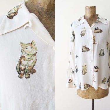 Vintage 80s Cat Print Silk Blouse S M - 1980s Cream Kitty Cat Tabby Siamese Illustrated Novelty Print Button Up Top - Kawaii Cute Cat Lady 