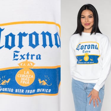 Corona Extra Sweatshirt 90s Beer Sweatshirt Alcohol Logo Graphic Shirt Retro Mexican Cerveza White Raglan Streetwear Vintage 1990s Small S 