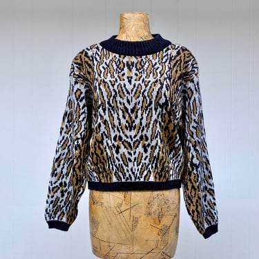 Vintage 1980s Leopard Spot Sweater, Cropped Boxy Acrylic Knit, New Wave Pullover, Medium-Large 