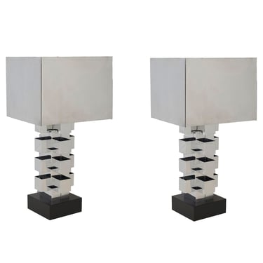 Brutalist Chrome Interlaced Column Sculpture Table Lamp by Curtis Jere, Pair 