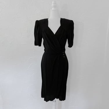 80s Black Wrap Dress Puff Sleeve Sweetheart Neckline | Small/Medium 