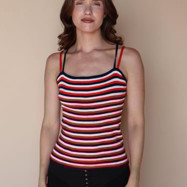 Rare Vintage CELINE 1990s Red White + Blue Double Strap Ribbed Knit Tank Top sz S M L 90s Rainbow Multicolor 