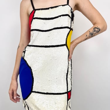 Oleg Cassini Mondrian Does Studio54 Silk Sequin Dress