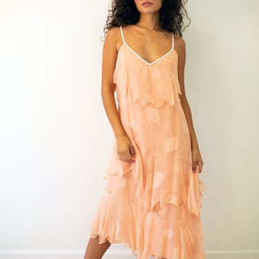 1970s HOLLY HARP Ballet Pink Silk Chiffon Tiered Petal Print Slip Dress with Pearl + Beaded Straps XS S M Peach 70s 