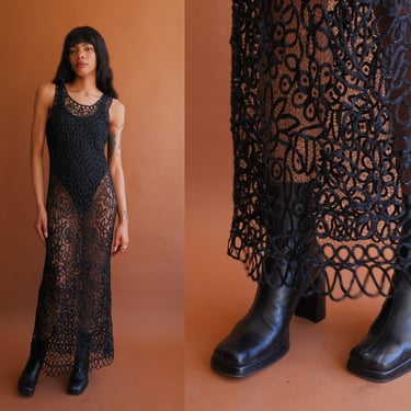 Vintage 90s Black Silk and Net Sheer Dress/ Size Medium 