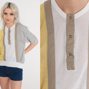 80s Knit Top Sheer Color Block Shirt Yellow White Grey Striped Short Sleeve Sweater Top Taupe Henley Button Up Tee Vintage 1980s Small S 
