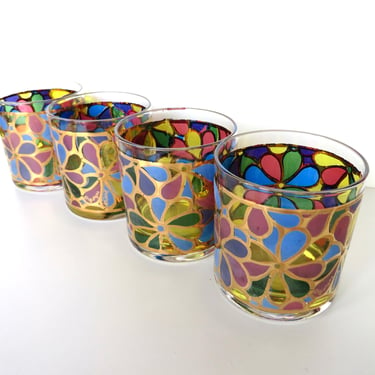 Georges Briard Stained Glass Rocks Glasses, Set Of 4 Mid Century Mod Gold Floral Mosaic Scotch Glasses 