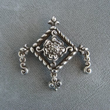 Brighton Dangle Brooch - Tilted Square Pin - Diamond Rhombus with Dangling Swirls Fleur de Lis Accents 