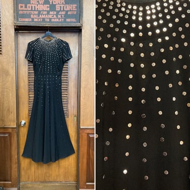 Vintage 1940’s Jet Black Studded Art Deco Swing Vamp Dress, 1940’s Studded Dress, Swing Dress, Vampy, Vintage Bias Cut Gown, Art Deco, Noir 