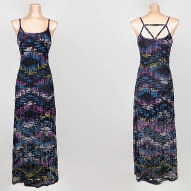 VINTAGE 90s Y2K Digital Print Stretch Mesh Party Maxi Dress With Strappy Back | 1990s Layered Mesh Grunge Cocktail Dress Rave Club Kid | VFG 