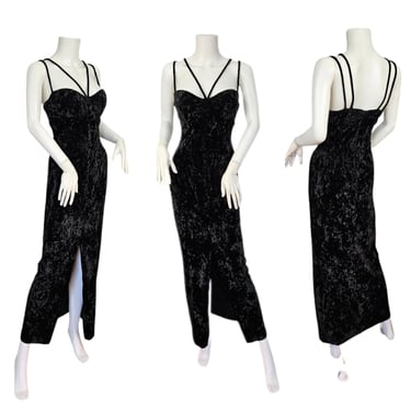 1990's Black Stretch Crushed Velvet Long Vampy Column Maxi Slip Dress I Sz Med I Rampage 