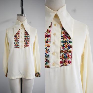 1970s  Cream Blouse with Rainbow Floral Embroidery 