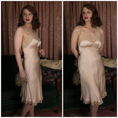 1930s Slip - Luxurious Late 30s Fischer Silk Satin Bias Cut Slip with Decadent Lace 