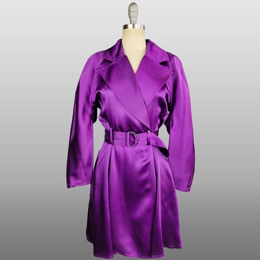 Purple Trench Coat / Mini Trench Coat / 1980s Satin Coatdress / Purple Mini Dress / Size Small 