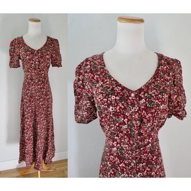 Vintage 90s Floral Dress - Button Up Flower Print Rayon Midi Dress by All That Jazz - Size Small S 