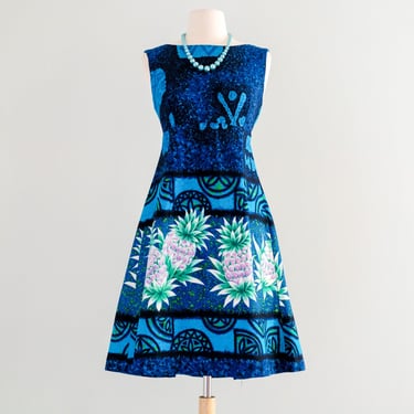 Coolest 1960's Purple Pineapple Blue Hawaiian Dress by Ui-Maikai / Sz M
