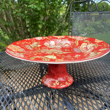 Gabrielle Cake Plate~ by 222 FIFTH Pedestal Pastry Tray- Vintage Burnt Red Damask Dessert Serving Plate with large Whimsical Paisley Flowers 
