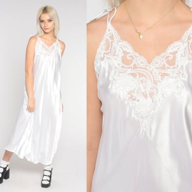 Satin Nightgown White Slip Dress Maxi Lace Lingerie High Side Slit Vintage 90s Nightgown Criss-Cross Spaghetti Strap 1990s Medium 