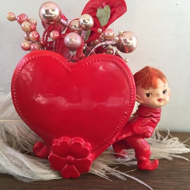 Vintage Valentine's Red Head Pixie Pulling Heart Wagon, Relpo 5822, Valentine's Day Decor, Red Headed Elf Girl, Love Romance 
