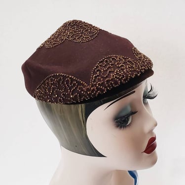 40s 50s Brown Felt Cocktail Hat Copper Beading Peaked Sides One of a Kind Dressy Evening Party Art Deco Style / Derya 