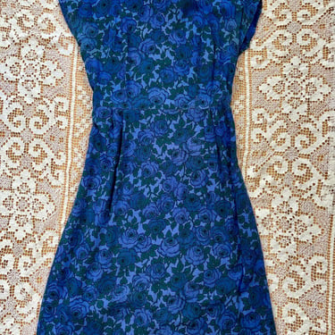 Vintage 1950s Blue Floral Cotton Day Dress Evening Party Casual Medium Midi 32 Waist by TimeBa