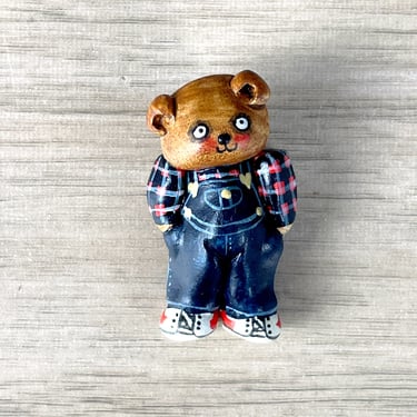 Artist made teddy bear in overalls polymer pin - signed S. Lehman - 1984 